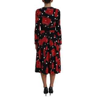 Black Sicily Bag Print Flared Midi Dress