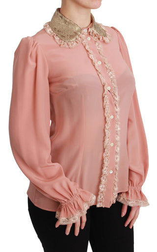 Elegant Pink Lace Silk Blouse With Gold Sequins