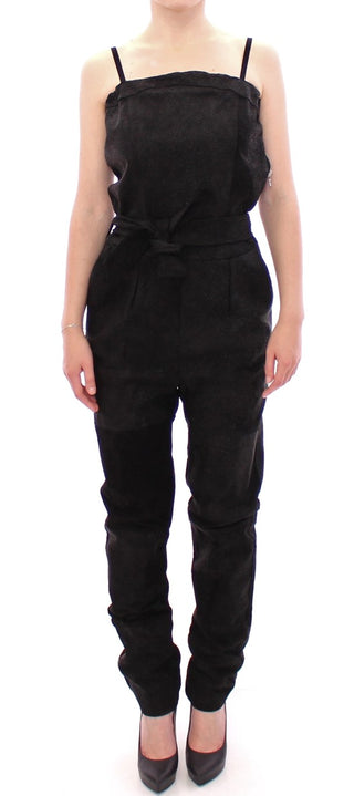 Elegant Black Leather Jumpsuit With Waist Strap - Luxury for You