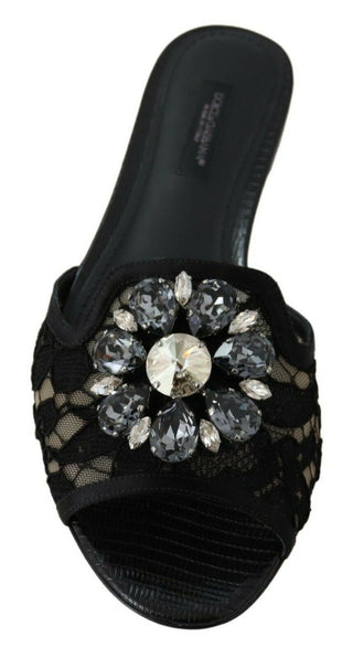 Elegant Black Lace Mules With Jewel Flower Detail