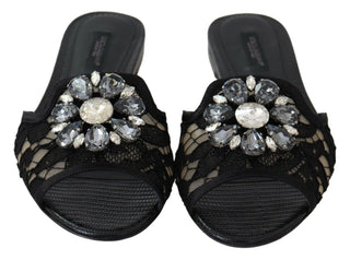 Elegant Black Lace Mules With Jewel Flower Detail