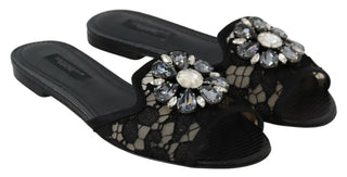 Elegant Black Lace Mules With Jewel Flower Detail