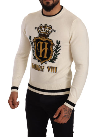 Elegant Snow-white Heraldic Cashmere Sweater