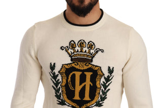 Elegant Snow-white Heraldic Cashmere Sweater