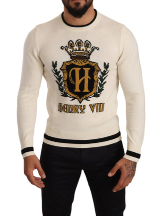 Elegant Snow-white Heraldic Cashmere Sweater