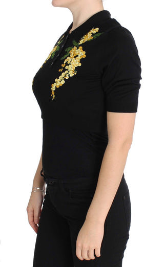 Elegant Black Silk Floral Polo Top - Luxury for You