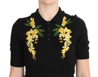 Elegant Black Silk Floral Polo Top - Luxury for You