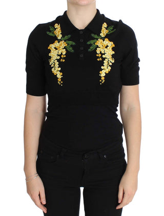 Elegant Black Silk Floral Polo Top - Luxury for You