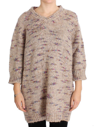 Beige Oversized V-neck Knitted Sweater - Luxury for You