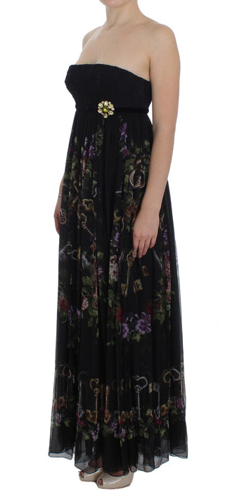 Multicolor Rose & Key Print Maxi Dress With Crystal - Luxury for You