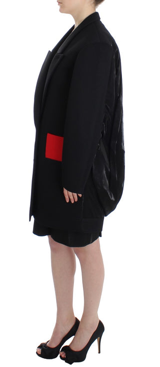 Elegant Draped Long Coat In Black With Red Accents - Luxury for You