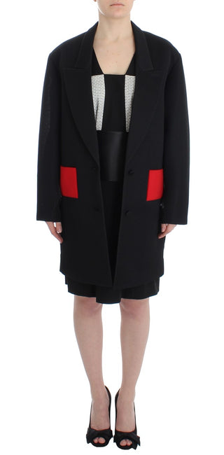 Elegant Draped Long Coat In Black With Red Accents - Luxury for You