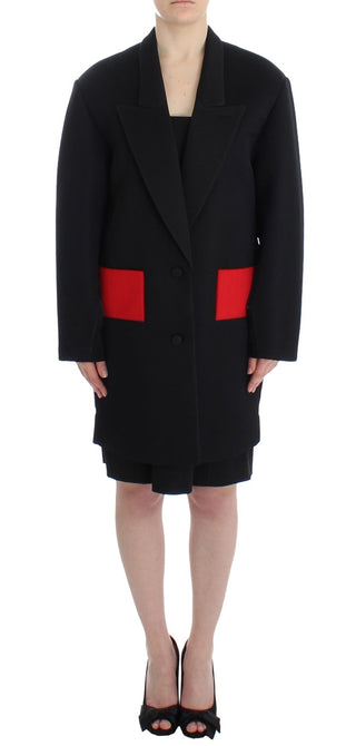 Elegant Draped Long Coat In Black With Red Accents - Luxury for You