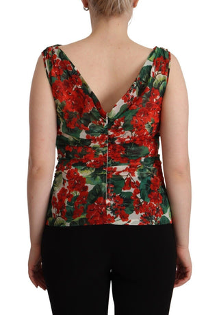 Elegant V-neck Geranium Print Silk Tank Top