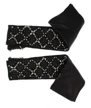 Elegant Black Crystal Beaded Leather Gloves - Luxury for You