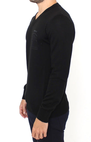 Elegant Black V-neck Wool Blend Sweater