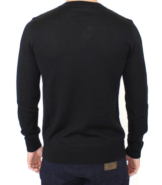 Elegant Black V-neck Wool Blend Sweater