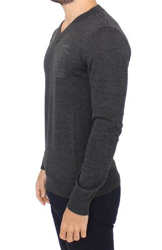 Chic Gray V-neck Wool Blend Pullover Sweater