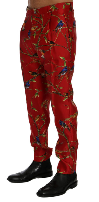 Elegant Silk Dress Trousers In Red Bird Print - Luxury for You