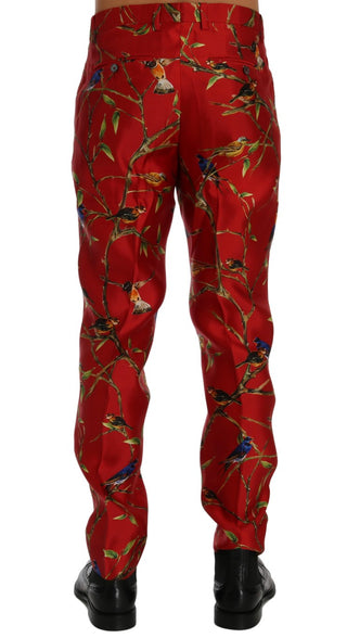 Elegant Silk Dress Trousers In Red Bird Print - Luxury for You