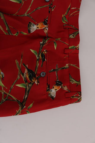 Elegant Silk Dress Trousers In Red Bird Print - Luxury for You