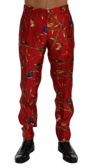 Elegant Silk Dress Trousers In Red Bird Print - Luxury for You