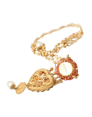 Gold Brasschain Sacred Heart Rose Crystal Charm Necklace