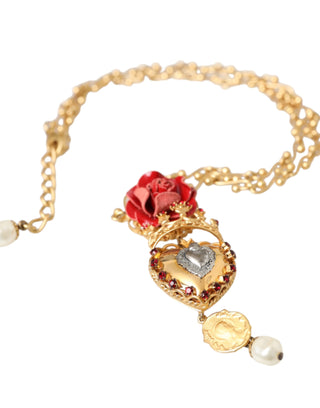 Gold Brasschain Sacred Heart Rose Crystal Charm Necklace