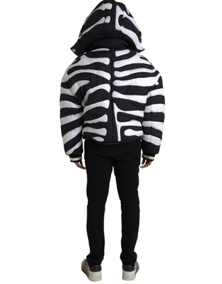 Black White Stripes Hooded Puffer Jacket