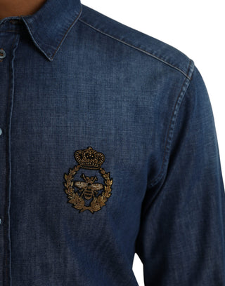 Blue Crown Bee Cotton Denim Gold Shirt