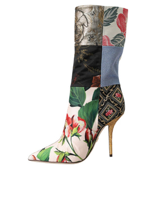 Multicolor Patchwork Print Heeled Boots Shoes