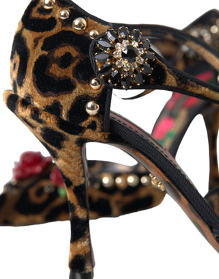 Brown Leopard Floral Crystal Mary Janes Pumps Shoes