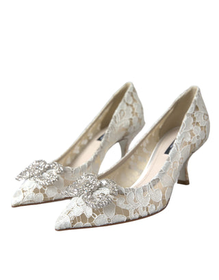 White Floral Lace Dg Crystal Pumps Shoes