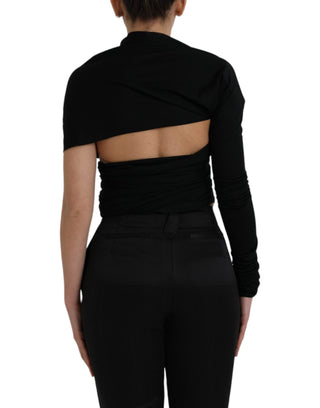 Black Wool Cutout Asymmetric Long Sleeve Top