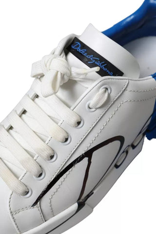 White Blue Leather Logo Low Top Sneakers Men Shoes