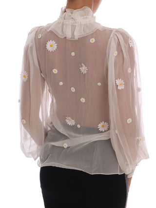 Elegant White Silk Daisy Blouse - Luxury for You