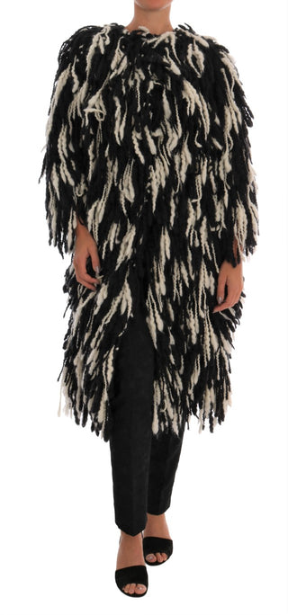 Black And White Fringed Wool Coat Jacket - Luxury for You