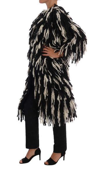 Black And White Fringed Wool Coat Jacket - Luxury for You