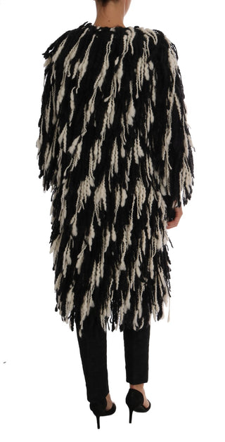 Black And White Fringed Wool Coat Jacket - Luxury for You