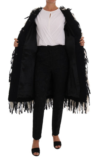 Black And White Fringed Wool Coat Jacket - Luxury for You