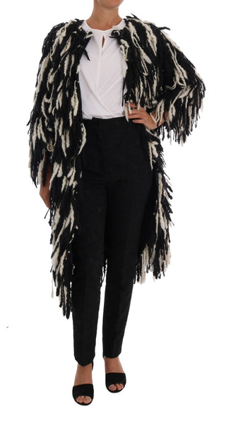 Black And White Fringed Wool Coat Jacket - Luxury for You