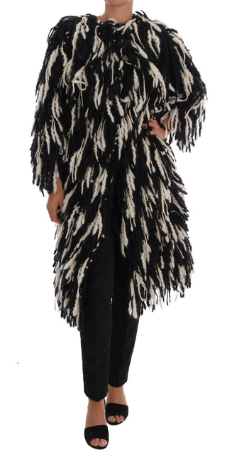 Black And White Fringed Wool Coat Jacket - Luxury for You