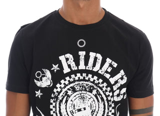 Chic Black Crewneck Tee With 'riders' Motif - Luxury for You