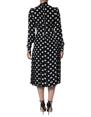 Black White Polka Dot Ascot Collar Midi Dress