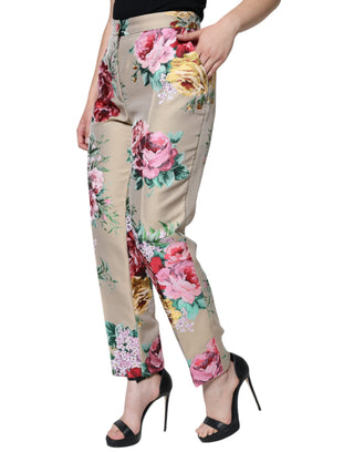 Beige Floral Jacquard High Waist Tapered Pants