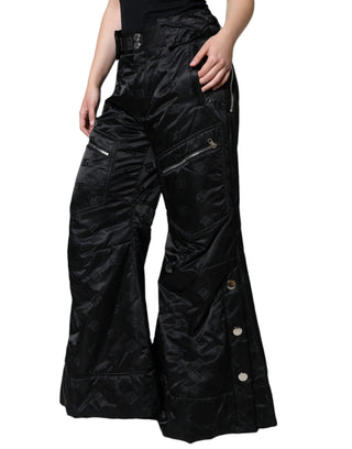 Black Quilted High Waist Women Wide Leg Pants