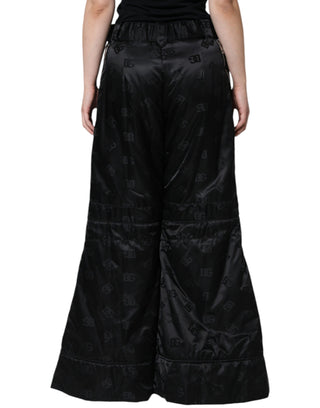 Black Quilted High Waist Women Wide Leg Pants