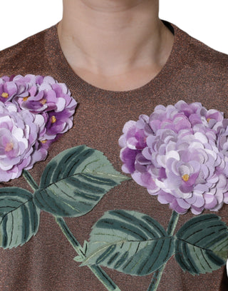 Brown Floral Applique Viscose Short Sleeve Top