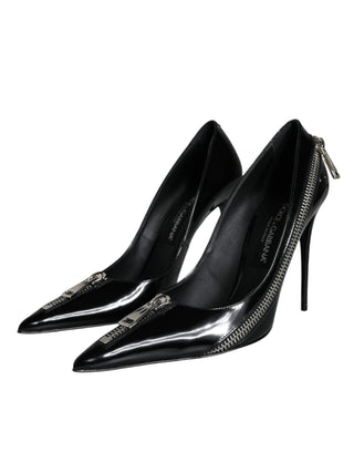 Black Patent Leather Zipper Heels Pumps Shoes