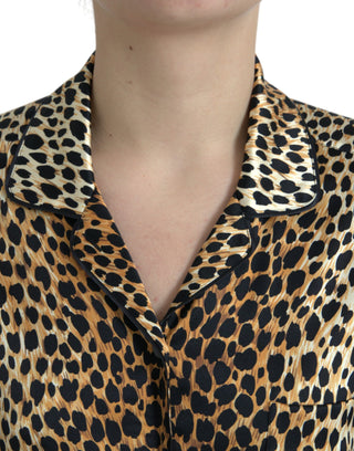 Elegant Brown Animal Print Silk Blouse